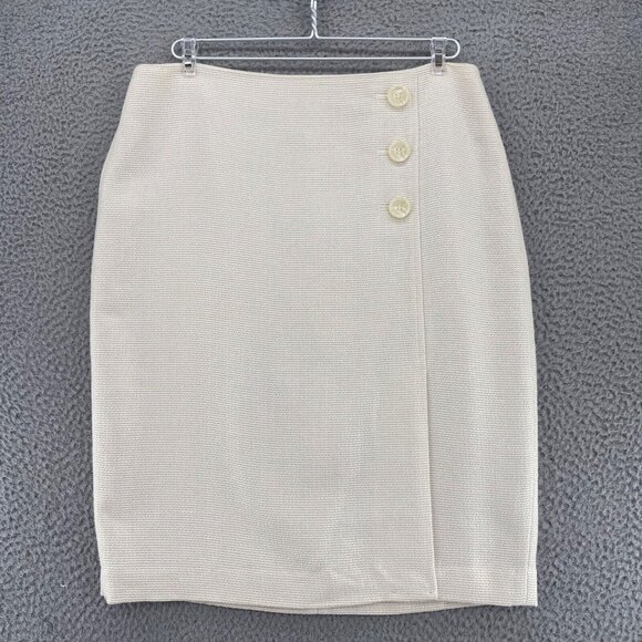 Ann Taylor Skirt Womens 12 Ivory Faux Wrap Straight Mini Asymmetric Woven Work - Picture 1 of 10